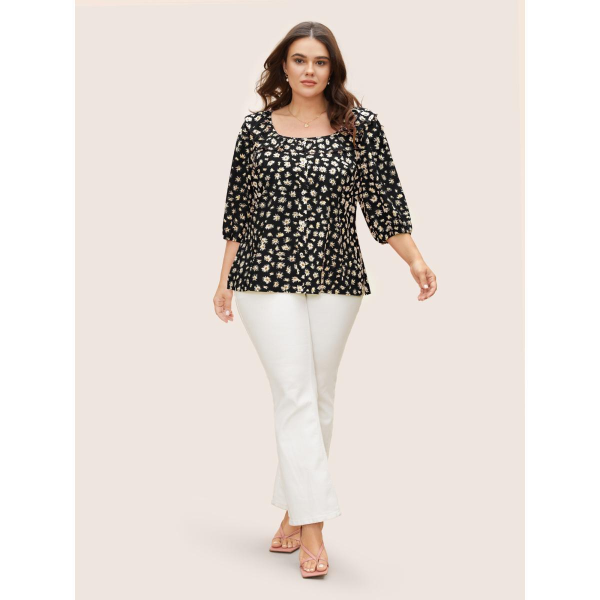 Plus Size Black Daisy Patterned Ruffled Collar Blouse Women Elegant Elbow-length sleeve Square Neck Everyday Blouses BloomChic 14-16/1X Product Image