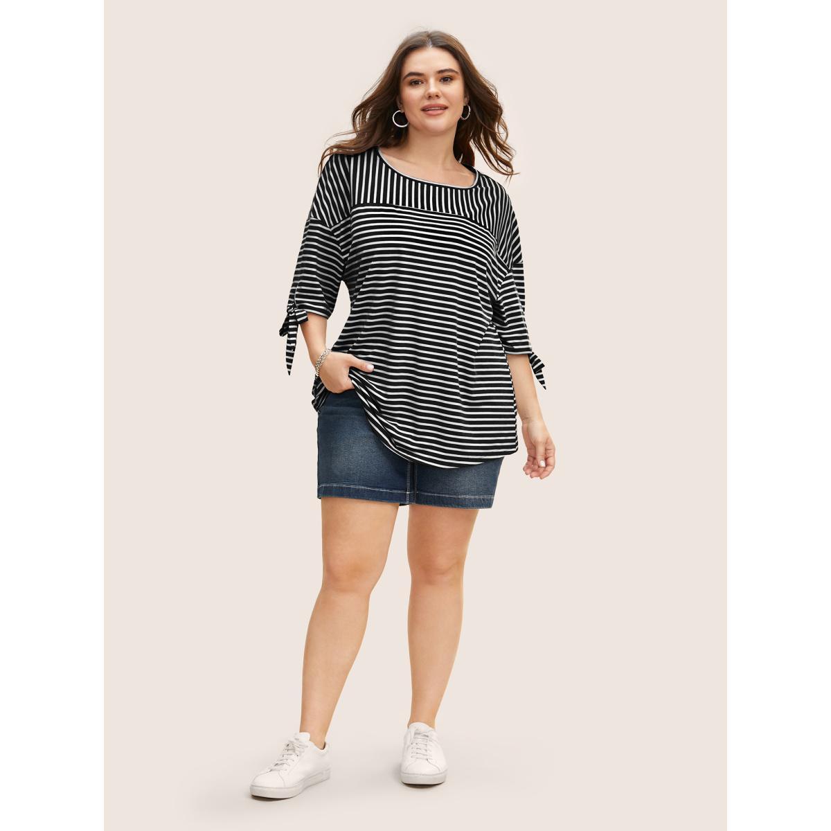 Plus Size Striped Boat Neck Tie Knot T-shirt Black Women Casual Tie knot Boat Neck Everyday T-shirts BloomChic 14-16/1X Product Image