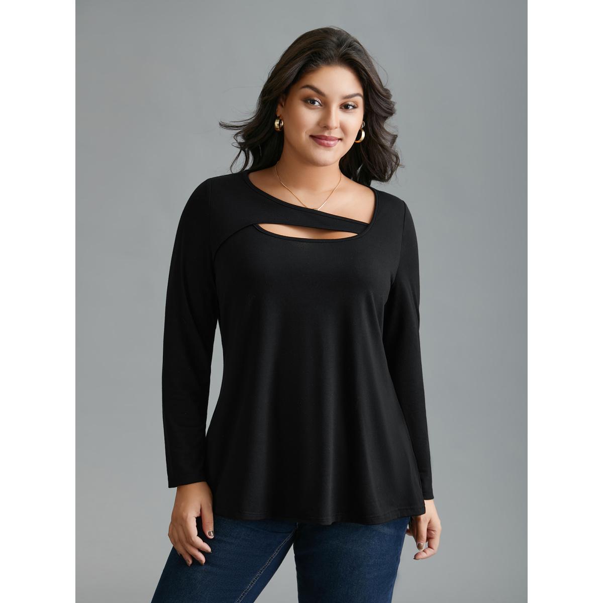 Plus Size Asymmetrical Neckline Long Sleeve T-shirt Black Women Casual Cut-Out Asymmetrical Neck Everyday T-shirts BloomChic 10/M Product Image
