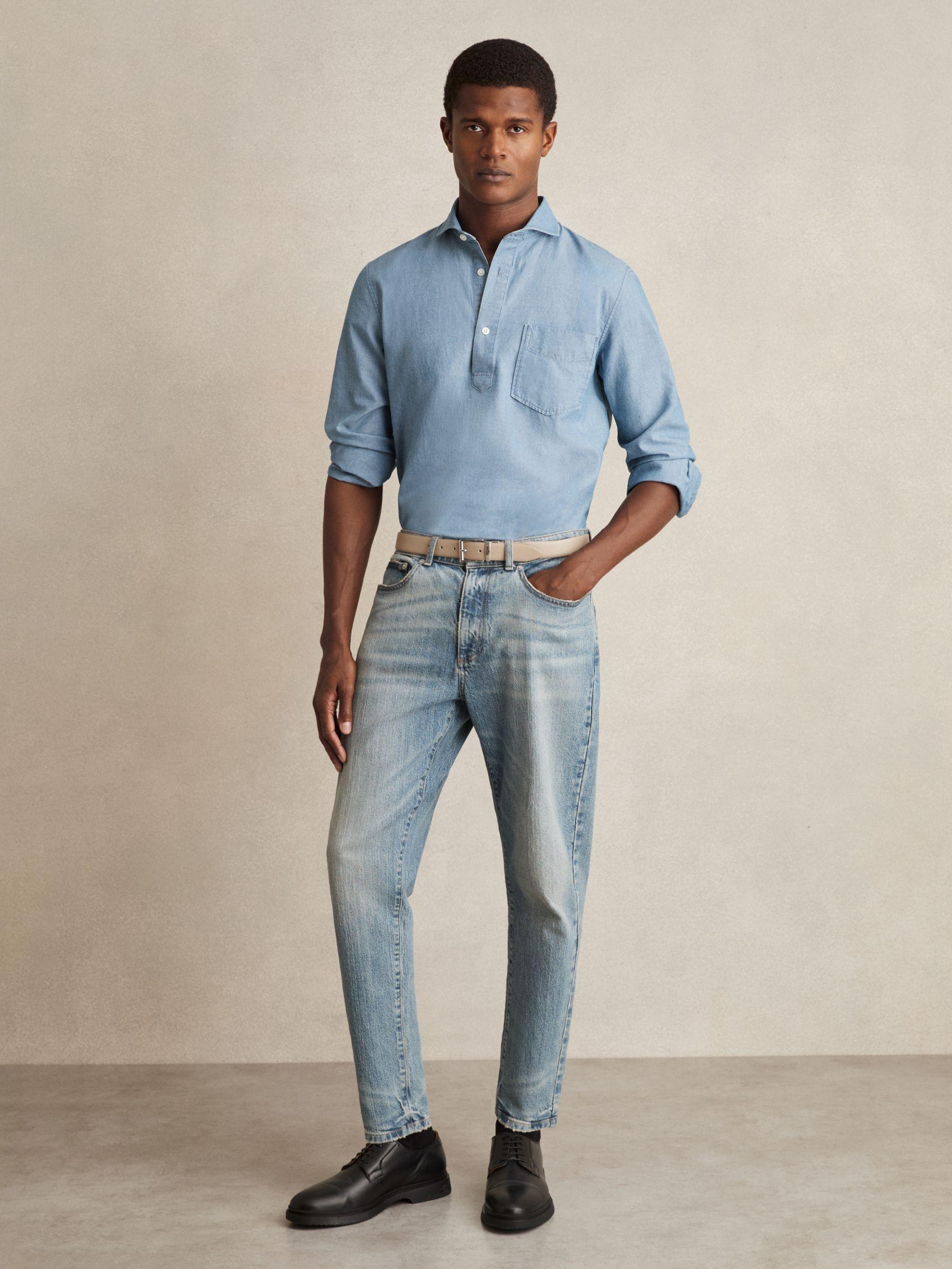 Cotton Cutaway-Collar Denim Shirt in Light Wash Indigo Product Image