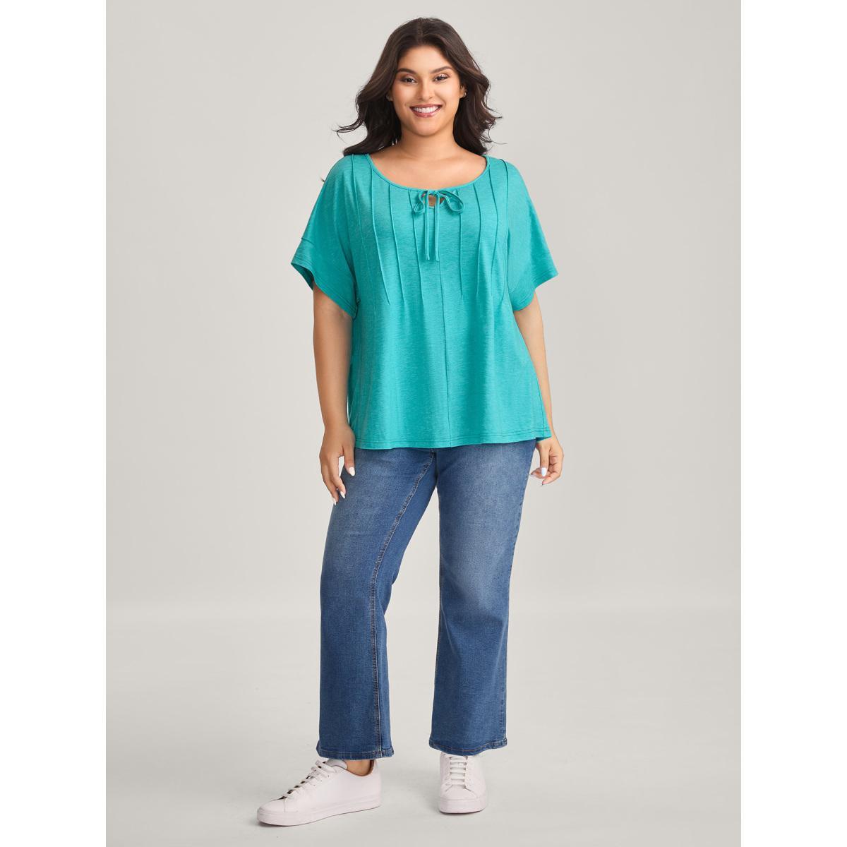 Plus Size Pleated Neck-Tie Solid T-Shirt Arctic Women Tucked seam Round Neck Everyday-Casual T-shirts BloomChic 22-24/3X Product Image