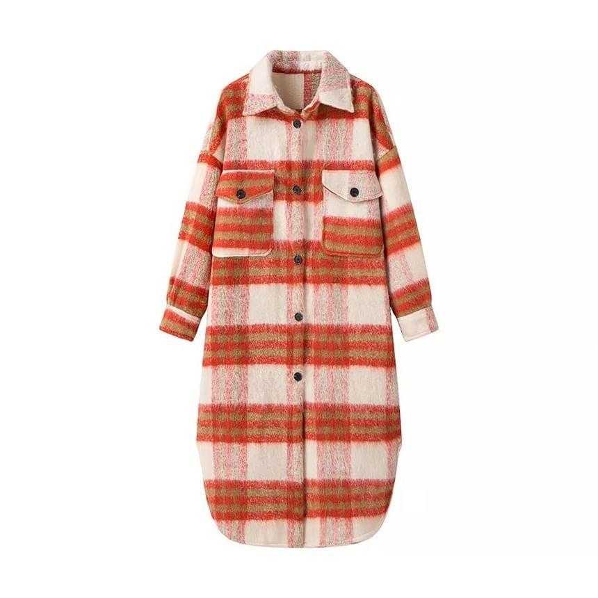 Long Sleeve Collared Plaid Midi A-Line Shirt Dress Product Image