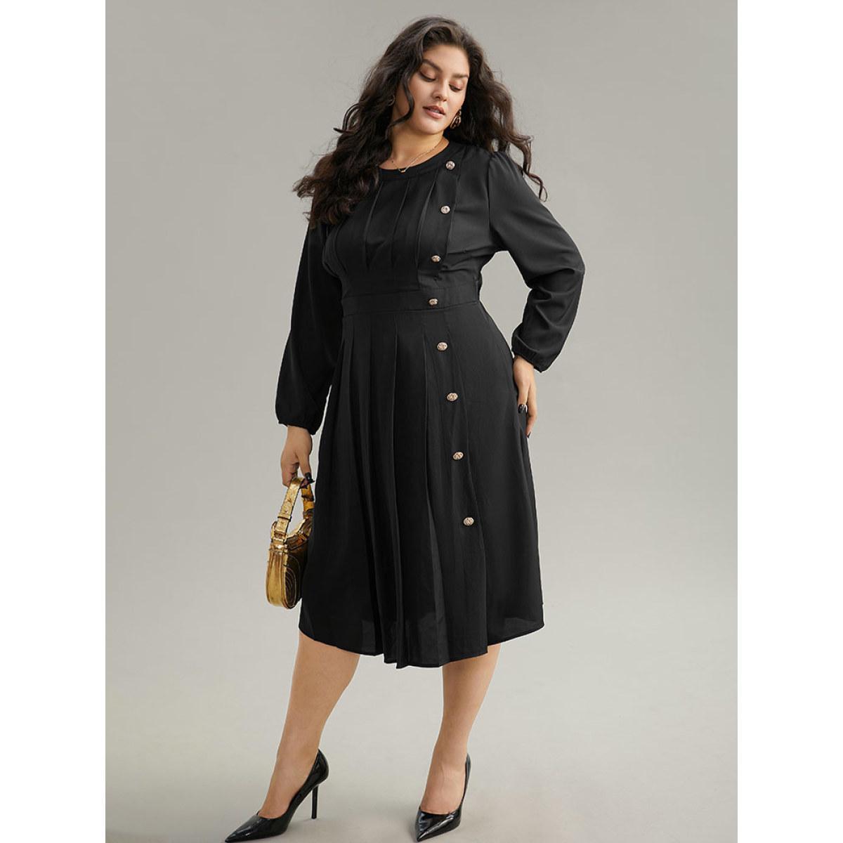 Plus Size Static-Free Metal Detail Plicated Detail Dress Black Women Office Elastic cuffs Round Neck Long Sleeve Curvy Midi Dress BloomChic 14-16/1X Product Image