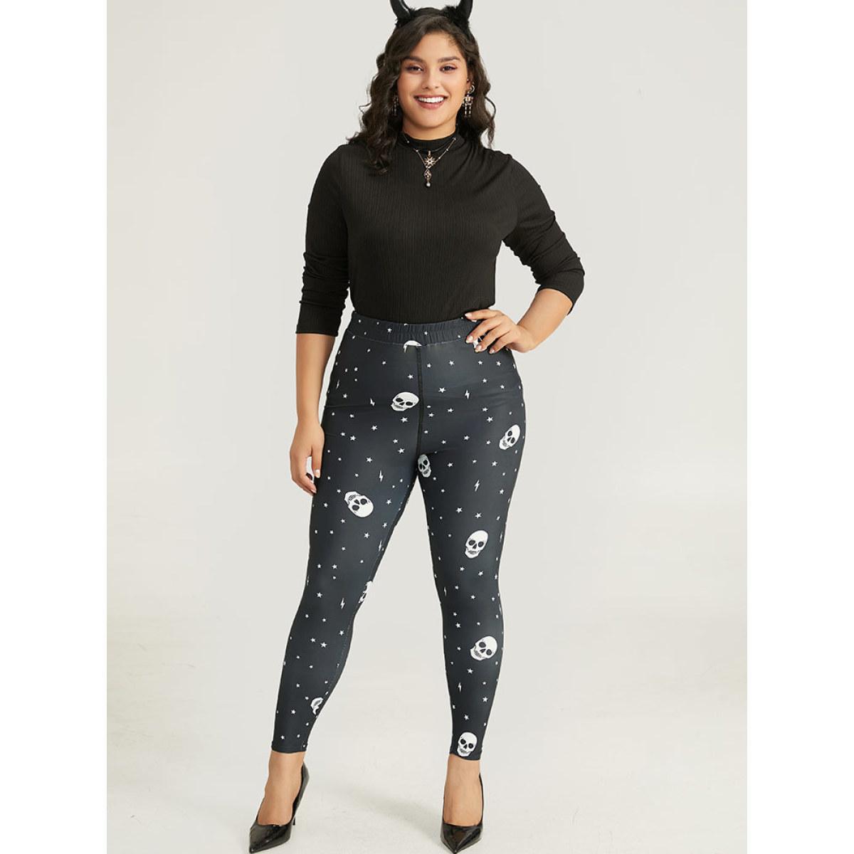 Plus Size Halloween Skull & Star Print Elastic Waist Leggings Women Black Elegant High stretch Skinny High Rise Festival-Halloween Leggings BloomChic 26/4X Product Image