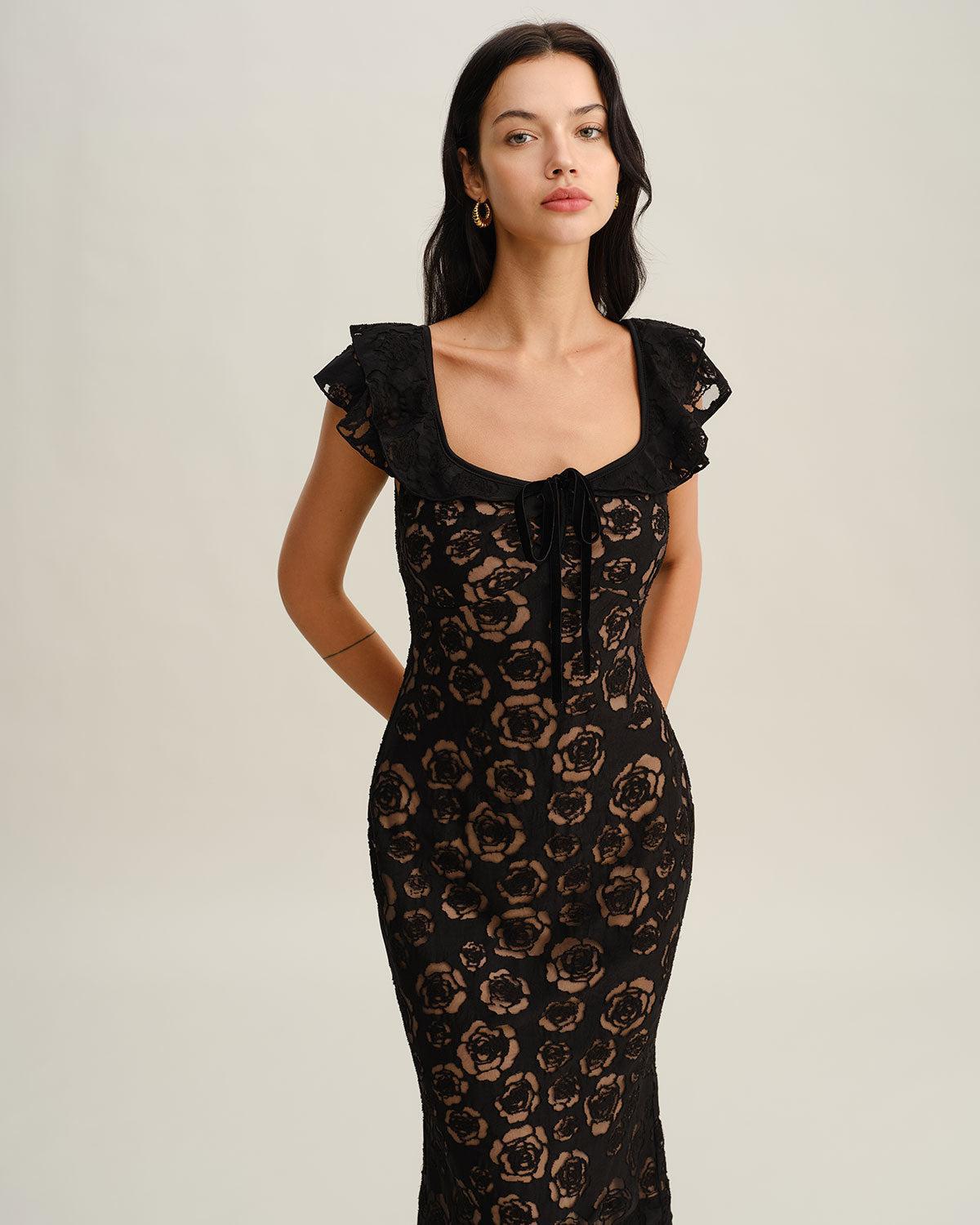 Black Textured Ruffle Mermaid Midi Dress Product Image