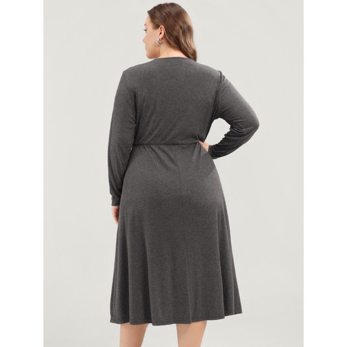 Plus Size Solid Round Neck Pocket Button Detail Ruffle Hem Dress Gray Women Elegant Button Round Neck Long Sleeve Curvy Midi Dress BloomChic 30/6X Product Image