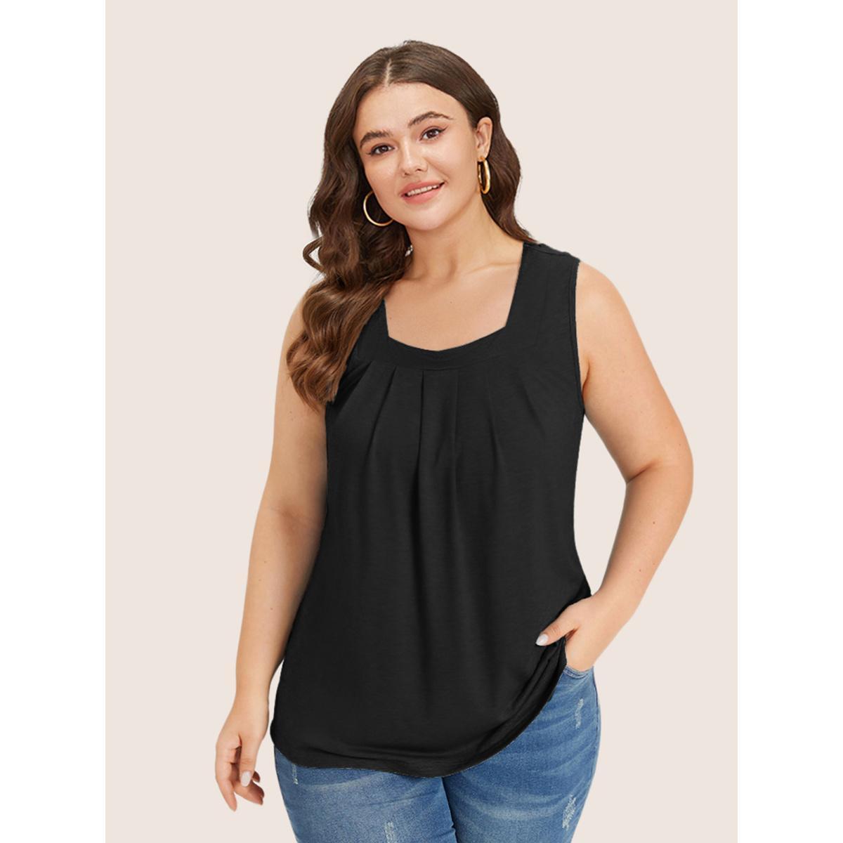 Plus Size Heather Plicated Detail Square Neck Tank Top Women Black Casual Non U-neck Everyday Tank Tops Camis BloomChic 12/L Product Image