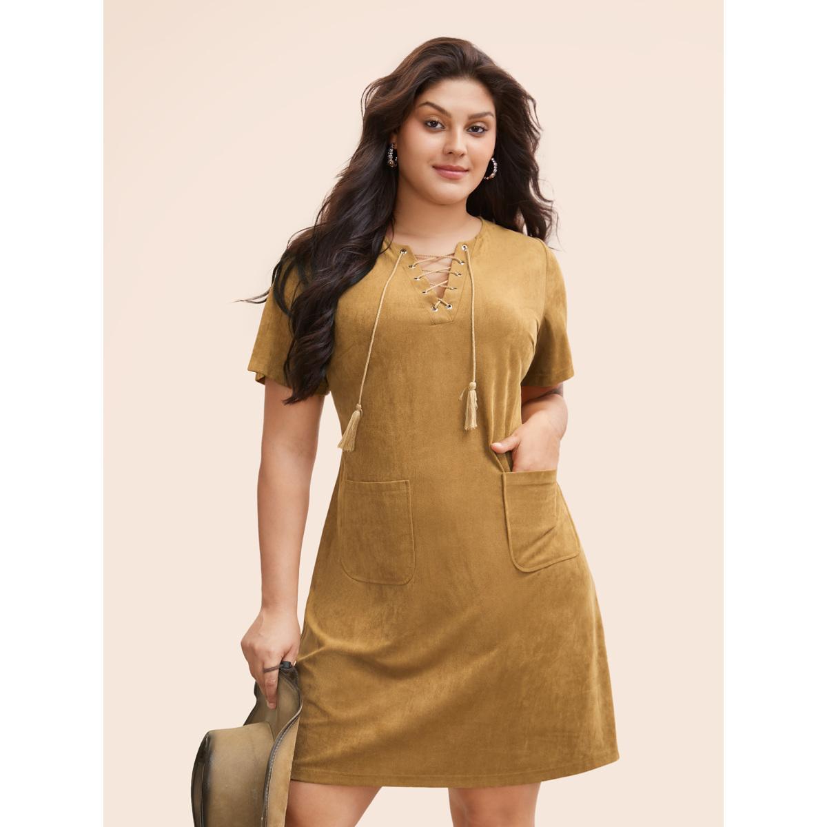 Plus Size Suede Stretchy Back-Waist Midi Dress Wheat Women Resort Eyelet Round Neck Short sleeve Curvy BloomChic 12/L Product Image