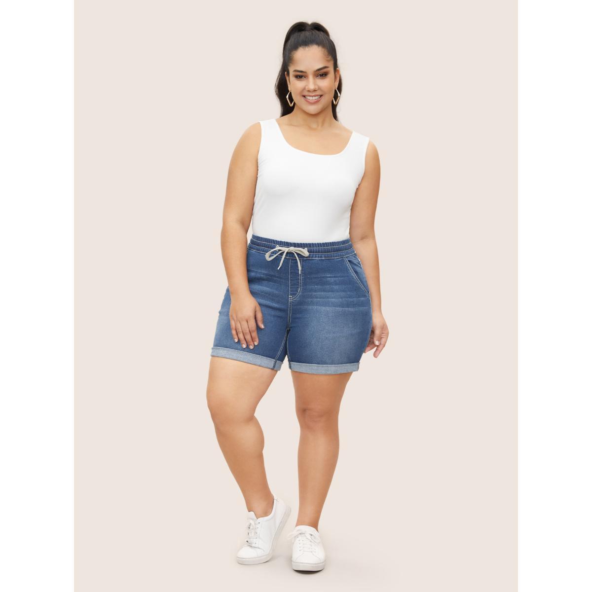 Plus Size Roll Hem Elastic Waist Drawstring Denim Shorts Women Denimlightblue Drawstring High stretch Everyday Slanted pocket Casual Denim Shorts BloomChic 12/L Product Image