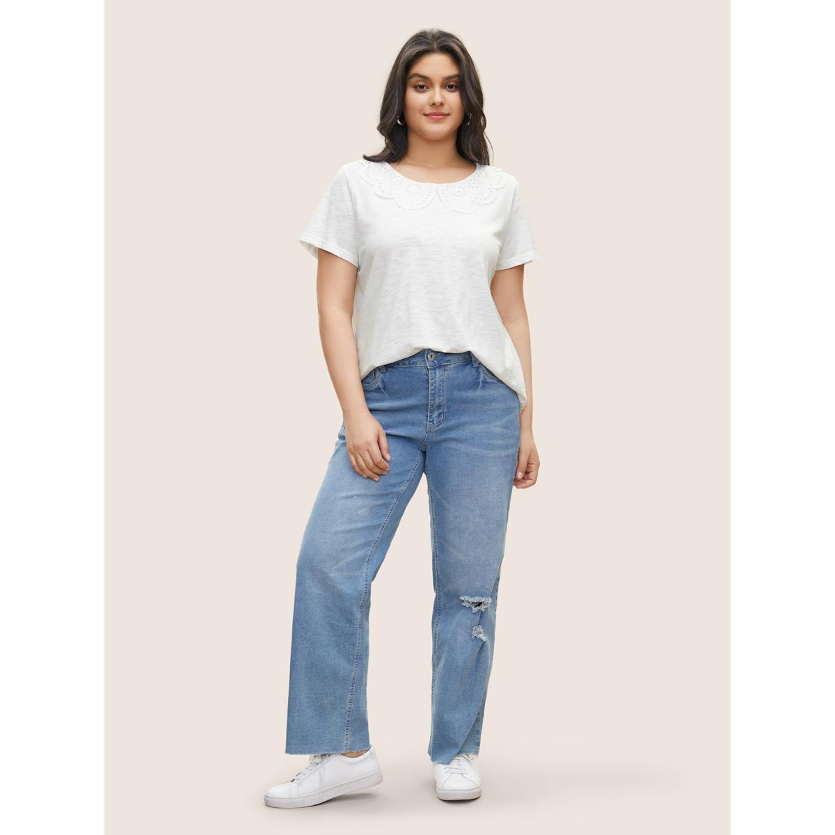 Plus Size Solid Broderie Anglaise Peter Pan Collar T-shirt White Women Elegant Non Plain Peter Pan Collar Everyday T-shirts BloomChic 26/4X Product Image