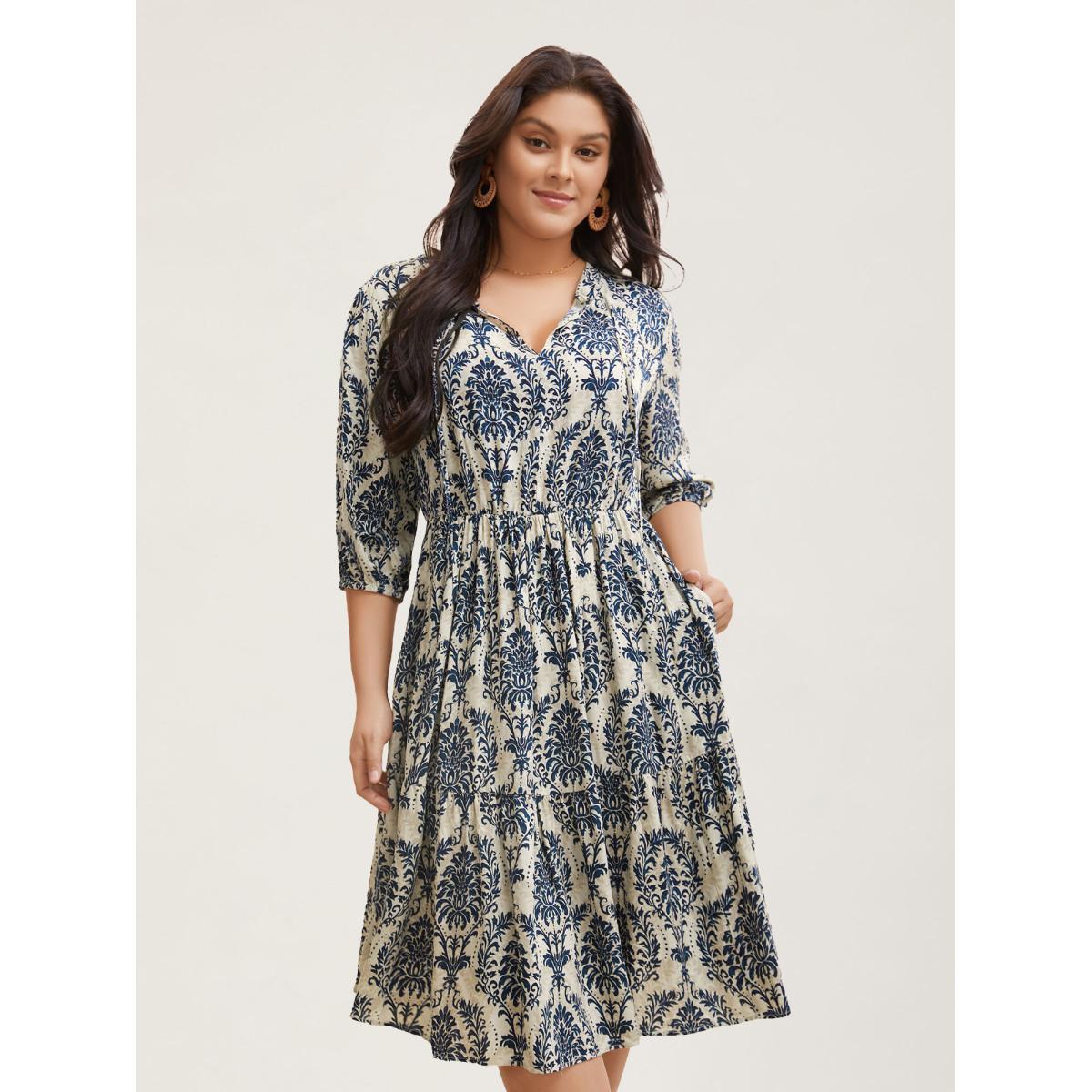 Plus Size Damask Print Tie Knot Puff Sleeve Dress DarkBlue Women Resort Tie knot V-neck Elbow-length sleeve Curvy BloomChic 26/4X Product Image