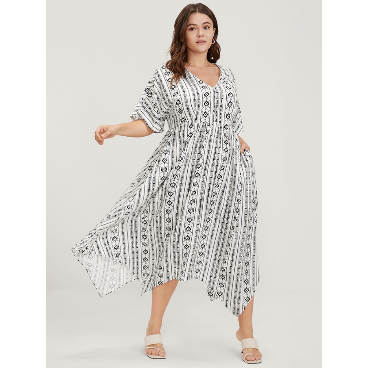 Plus Size Striped Dolman Sleeve Pocket Hanky Hem Dress White Women Vacation Elastic Waist V-neck Half Sleeve Curvy Midi Dress BloomChic 28/5X Product Image