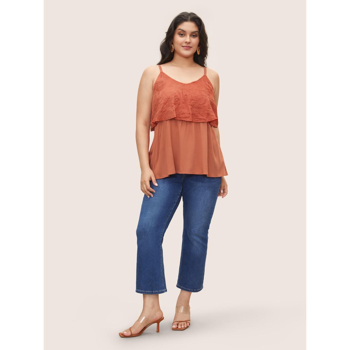 Plus Size Solid Broderie Anglaise Patchwork Cami Top Women Chocolate Resort Woven ribbon&lace trim V-neck Vacation Tank Tops Camis BloomChic 10/M Product Image