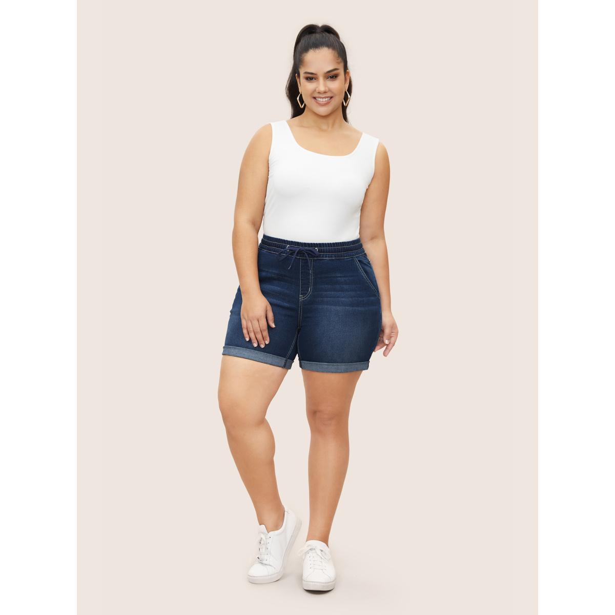 Plus Size Roll Hem Elastic Waist Drawstring Denim Shorts Women Indigo Drawstring High stretch Everyday Slanted pocket Casual Denim Shorts BloomChic 12/L Product Image