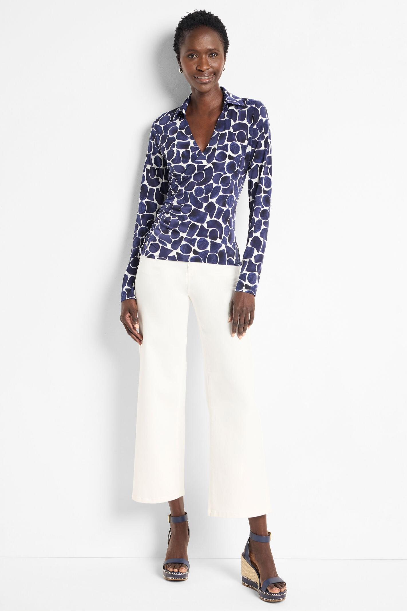 Geo Pebble Knit Wrap Top - Indigo Multi Product Image