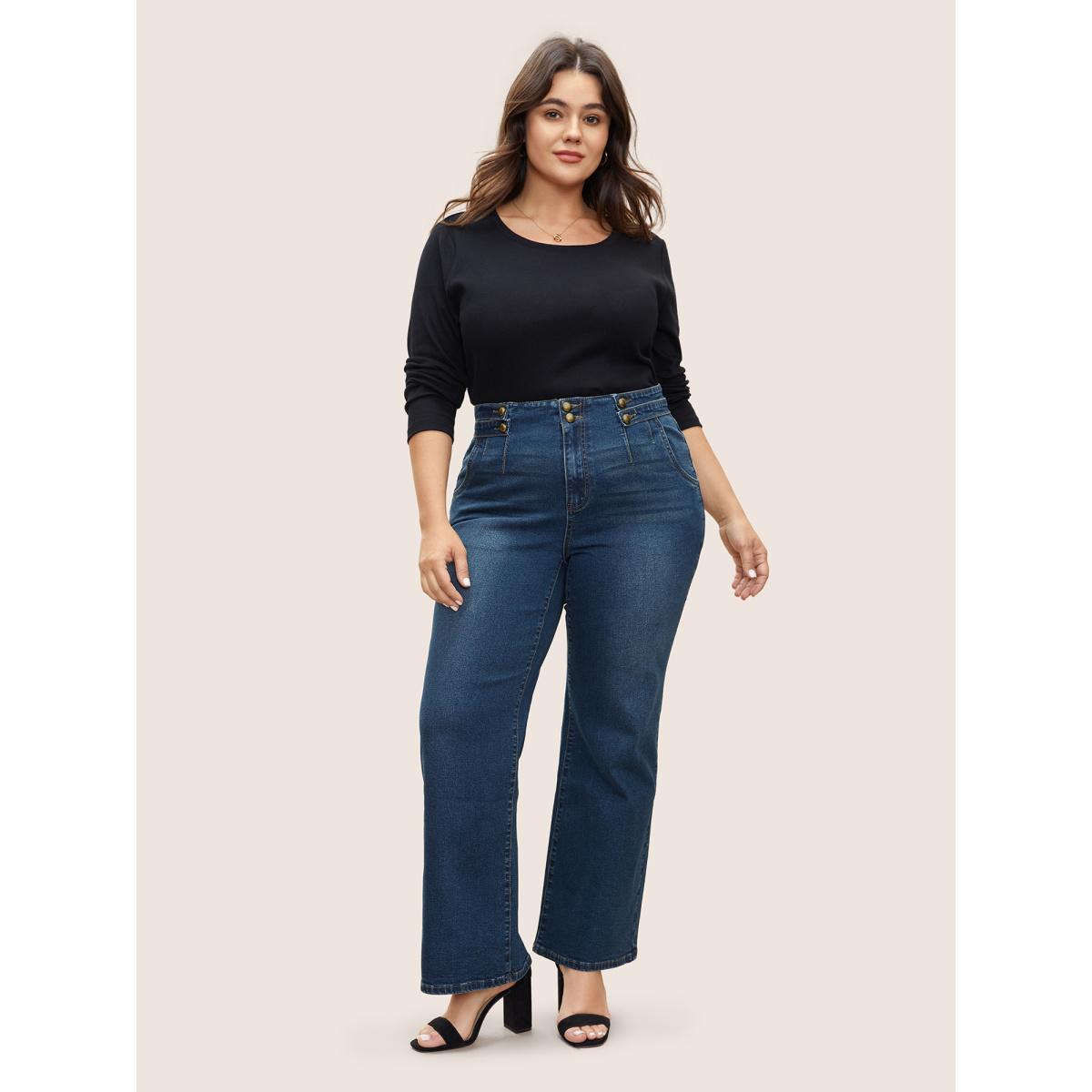 Plus Size Gold Button Detail Wide Leg Pocket Jeans Women Blue Casual Plain Non High stretch Slanted pocket Jeans BloomChic 30/6X Product Image