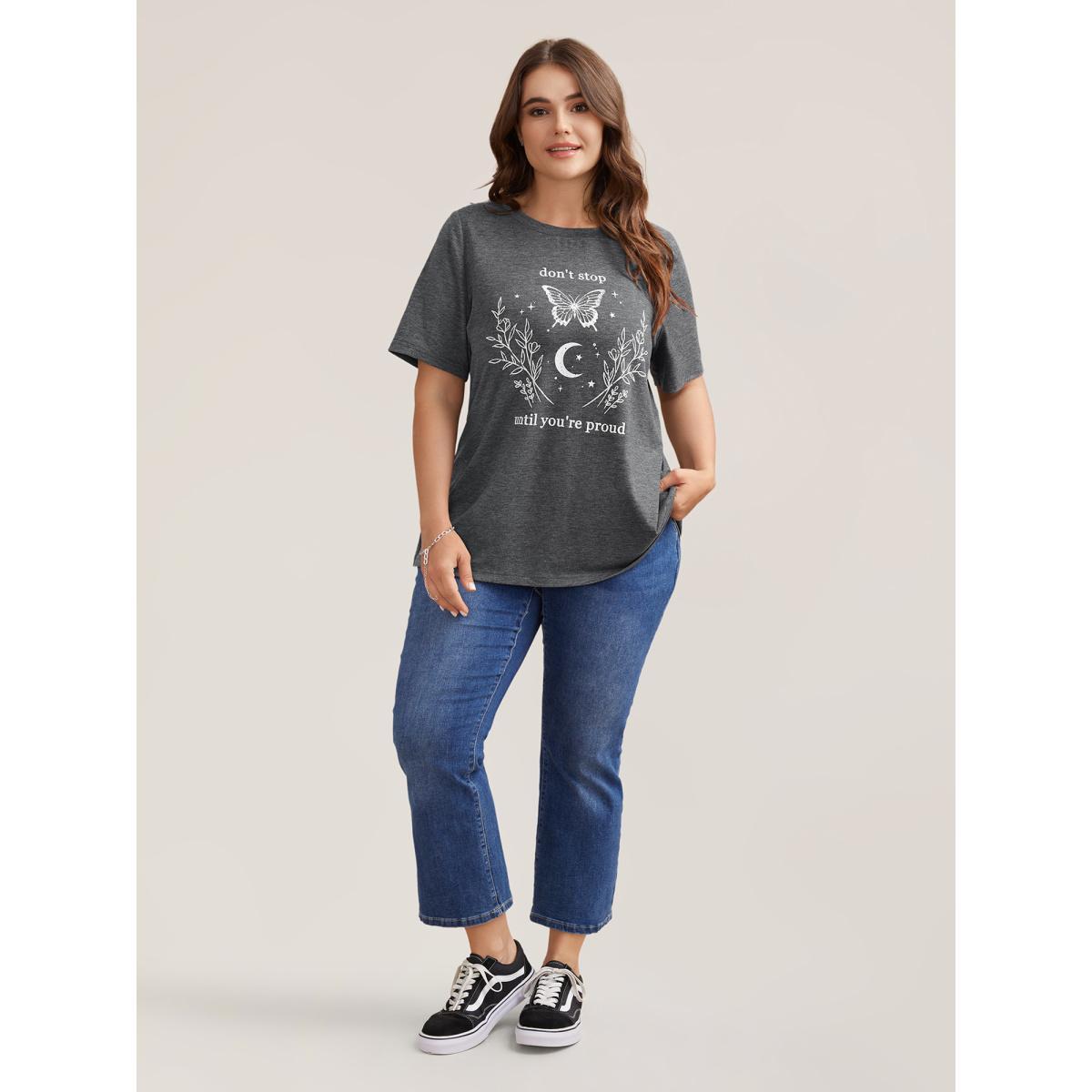 Plus Size Positive Vibes Print Crew Neck T-Shirt DimGray Women Casual Non Butterfly Round Neck Everyday T-shirts BloomChic 10/M Product Image