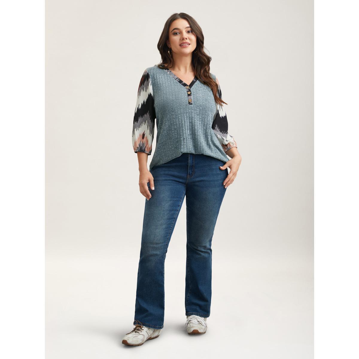 Plus Size Textured Spliced V-Neck T-Shirt Cerulean Women Casual Texture Polo Everyday T-shirts BloomChic 28/5X Product Image