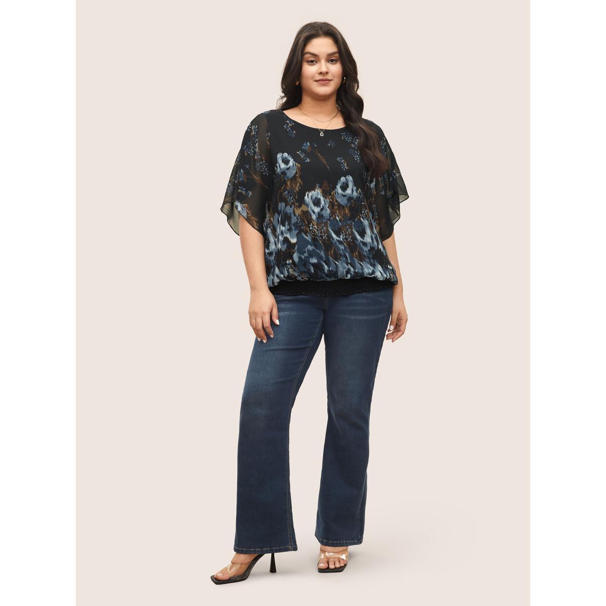 Plus Size Black Pixel Flower Shirred Batwing Sleeve Blouse Women Elegant Half Sleeve U-neck Everyday Blouses BloomChic 22-24/3X Product Image