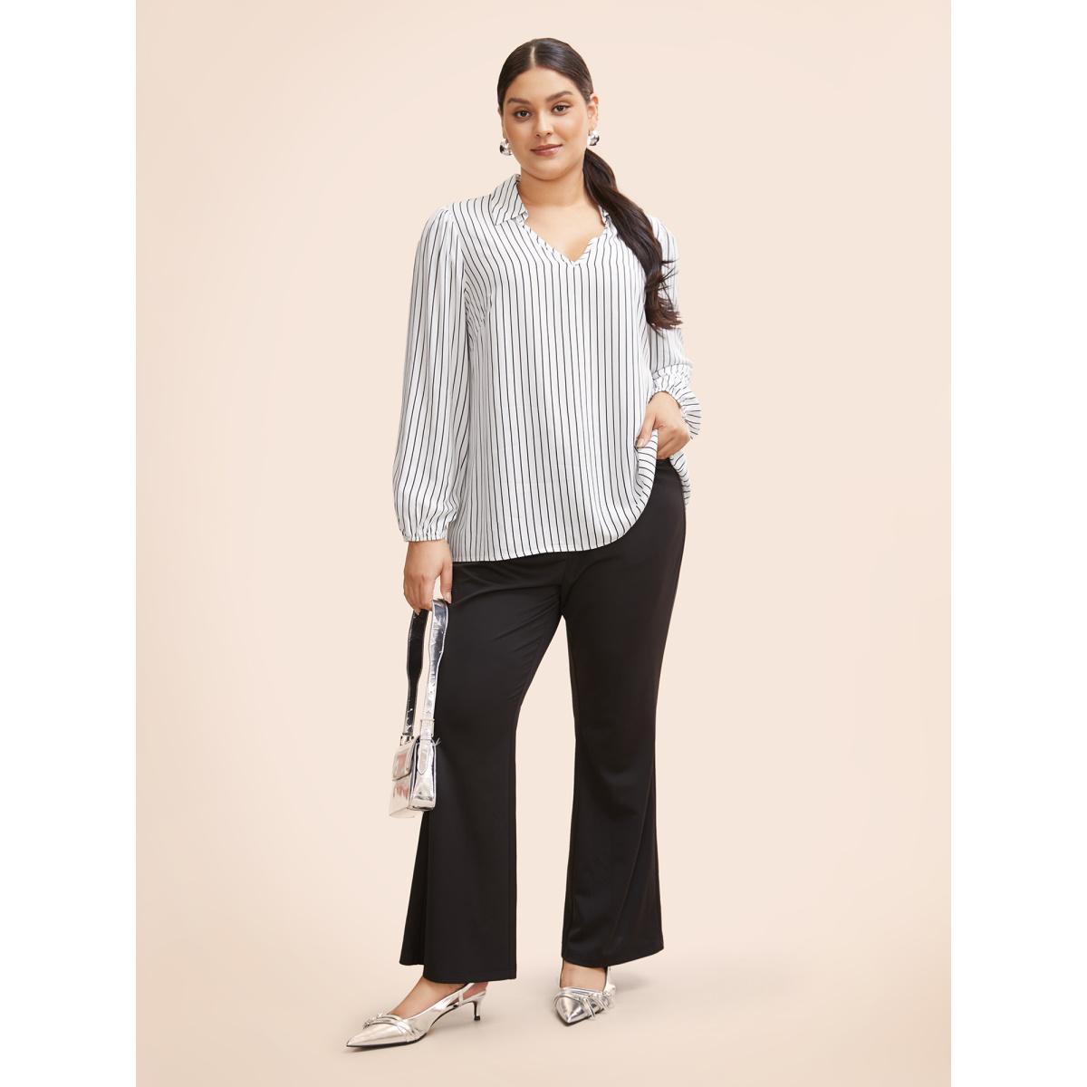 Plus Size WhiteSmoke Striped Lapel Collar Lantern Sleeve Blouse Women Workwear Essentials Long Sleeve V-neck Work Blouses BloomChic 30/6X Product Image