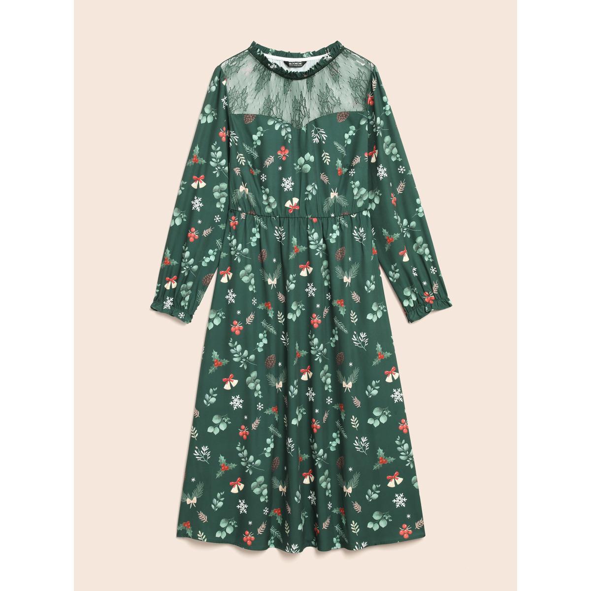 Plus Size Lace Trim Sheer Neckline Midi Dress Truegreen Women Elegant Woven ribbon&lace trim Mock Neck Long Sleeve Curvy BloomChic 10/M Product Image