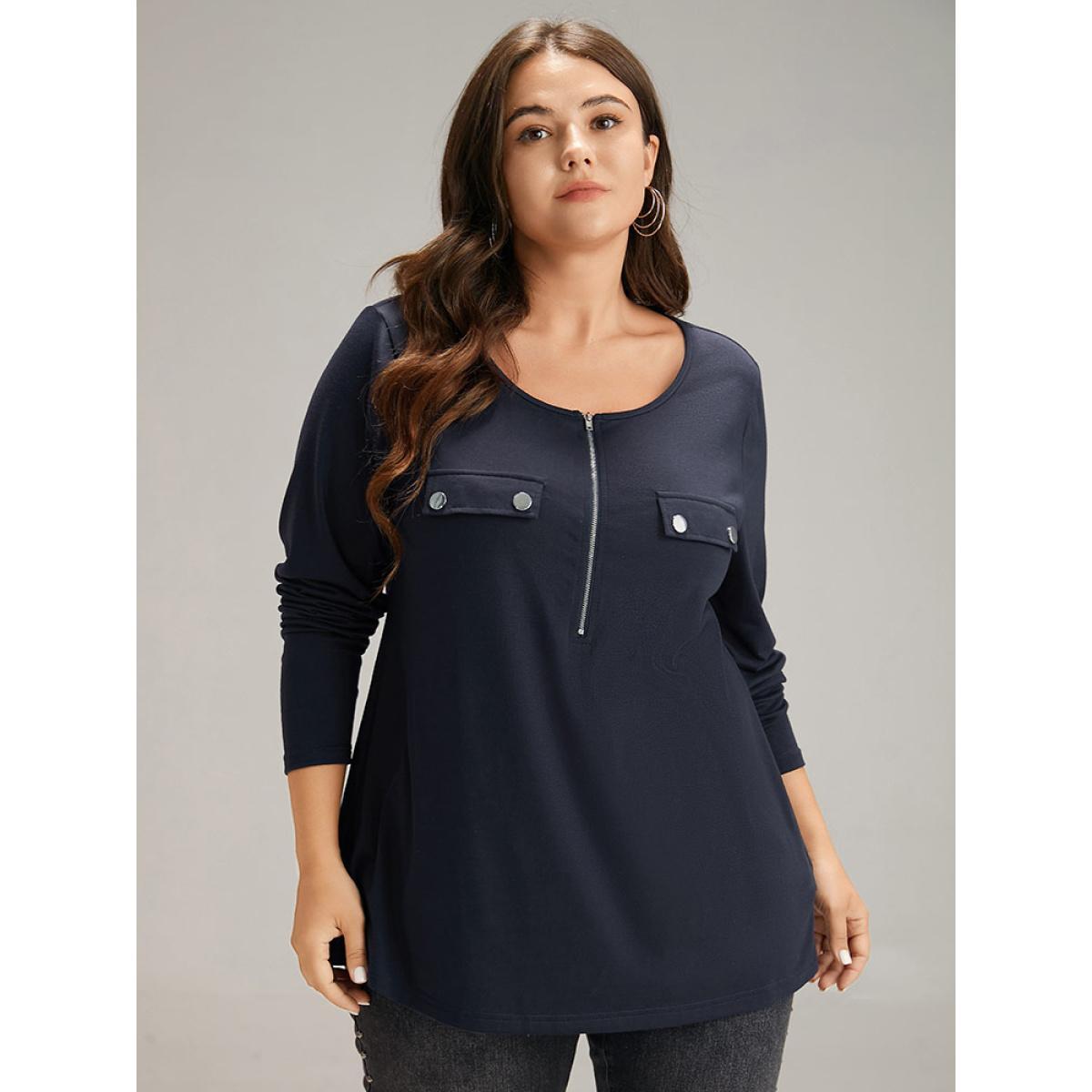 Plus Size Plain Half Zip Button Detail T-shirt Midnight Women Casual Plain Plain Open Front Everyday T-shirts BloomChic 28/5X Product Image