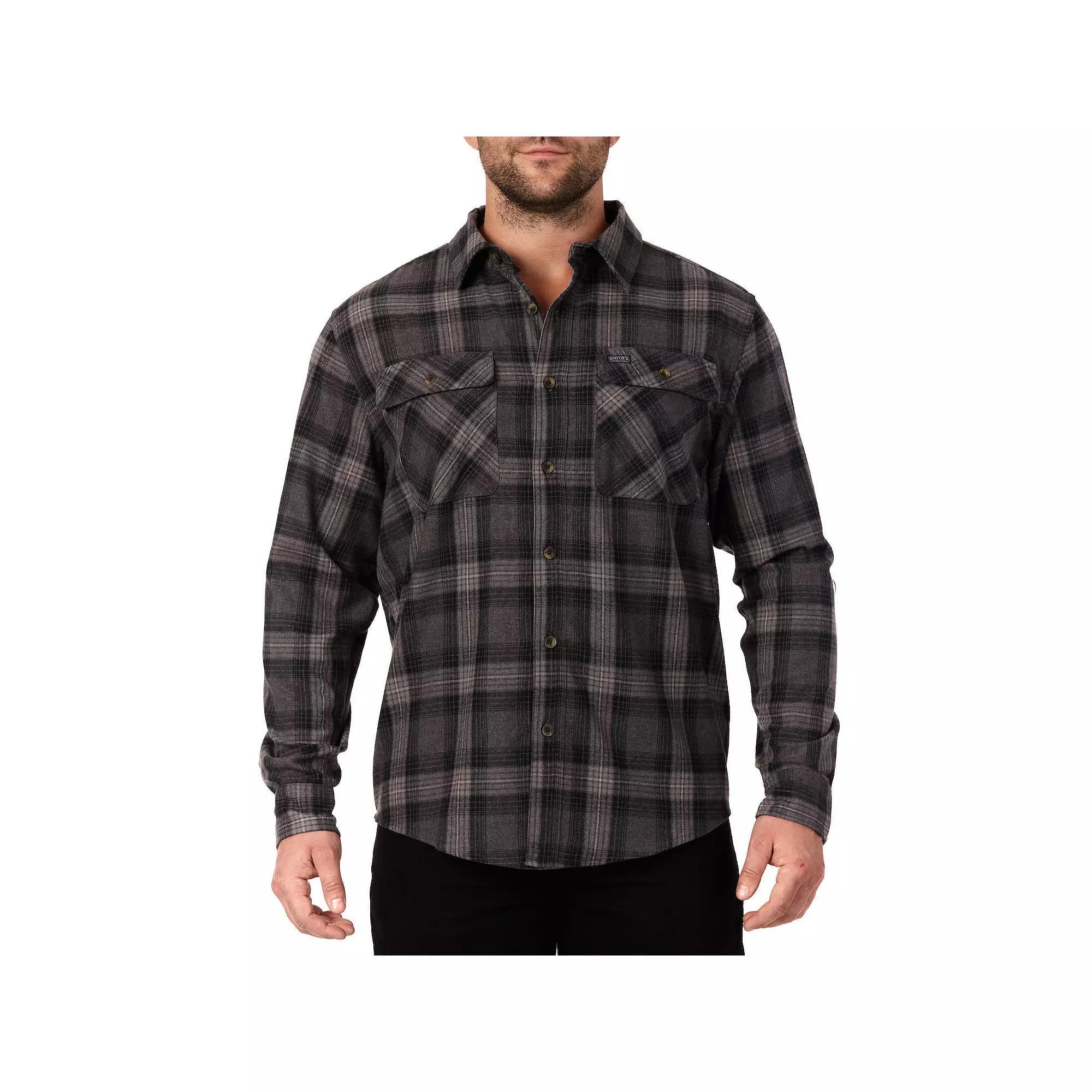 Men's Smith's Workwear Regular-Fit Plaid Two-Pocket Flannel Button-Down Shirt, Size: Large, Heather Grey Product Image