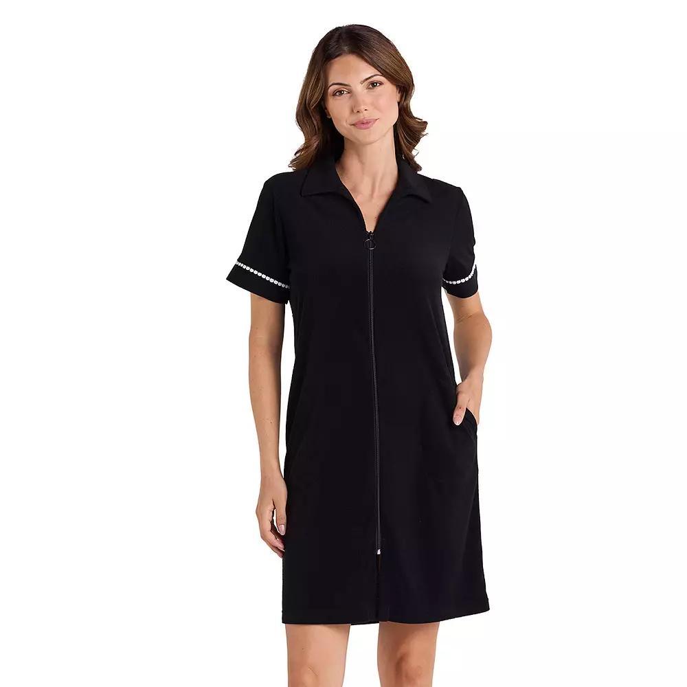 Women's Miss Elaine Essentials Terry Short Zip Robe, Size: Large, Black Product Image