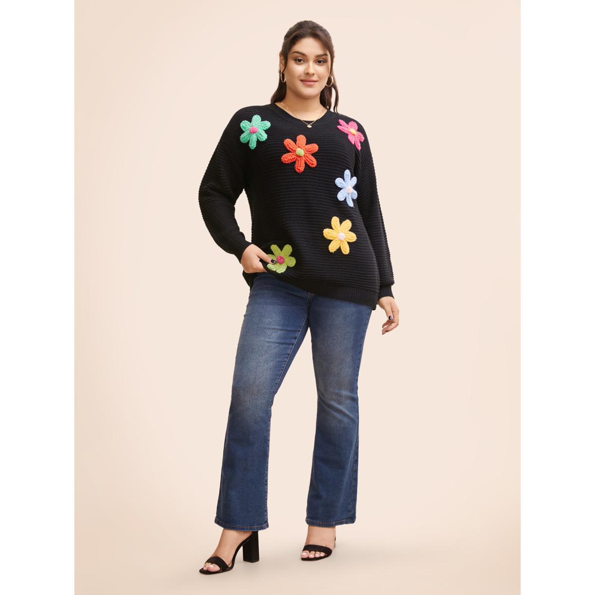 Plus Size Colored Crochet Floral Drop Shoulder Sleeve Pullover Black Women Casual Loose Three Quater Length Sleeve Round Neck Everyday Pullovers BloomChic 30/6X Product Image