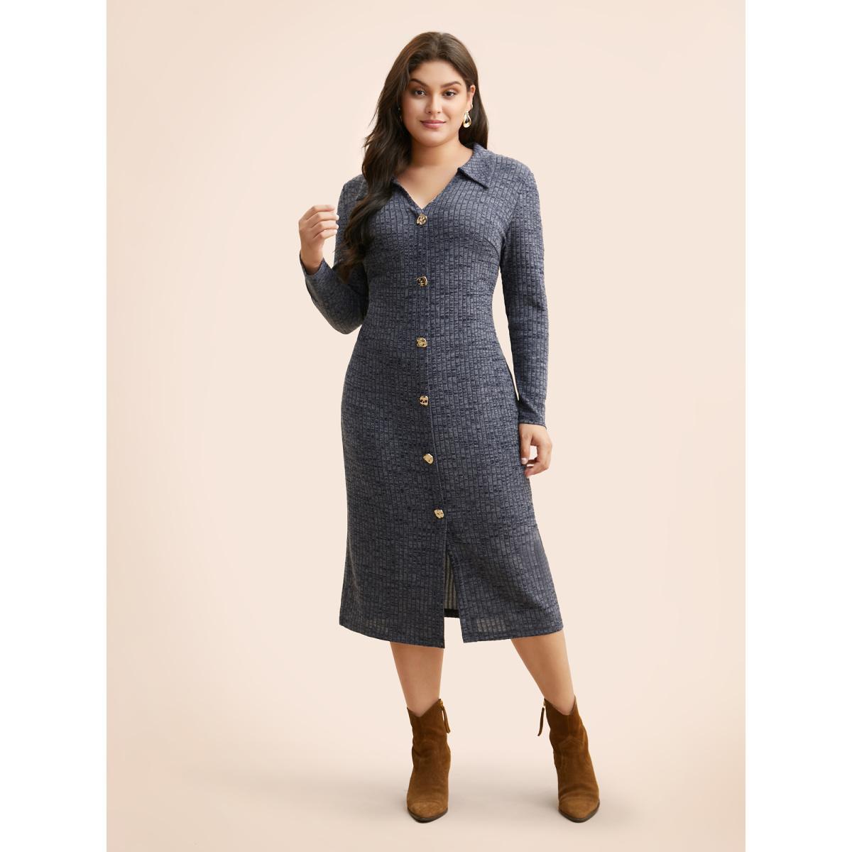 Plus Size Textured Buckle Detail Split Hem Dress Indigo Women At the Office Texture Shirt collar Long Sleeve Curvy BloomChic 22-24/3X Product Image