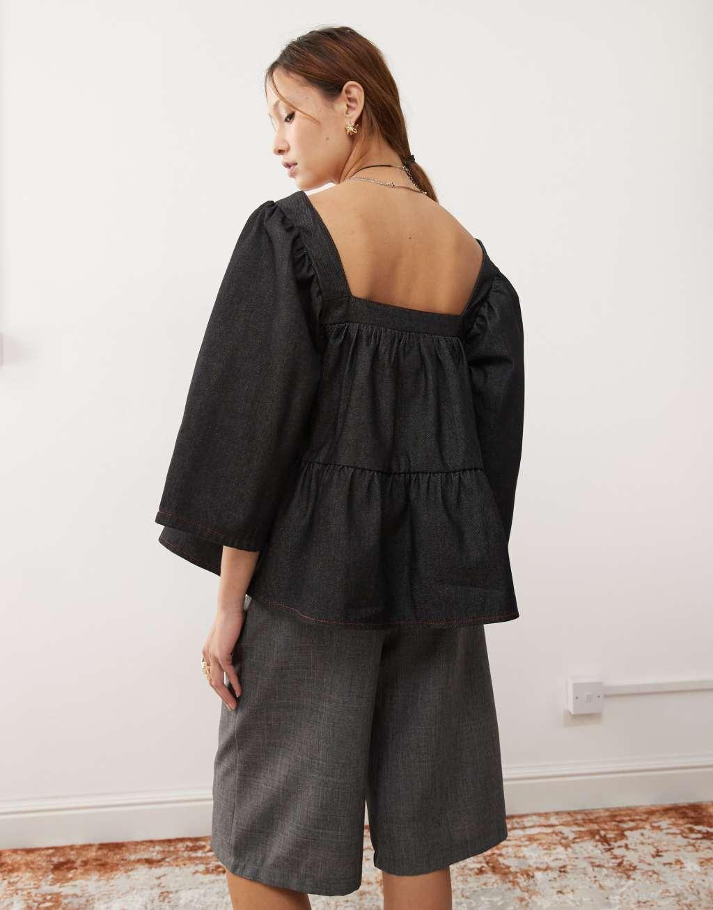 COLLUSION denim balloon sleeve peplum top in rinse wash Product Image