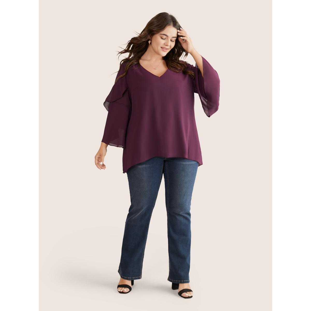 Plus Size Purple Anti-Wrinkle Tiered Flounce Sleeve Chiffon Blouse Women Elegant Elbow-length sleeve V-neck Everyday Blouses BloomChic 28/5X Product Image