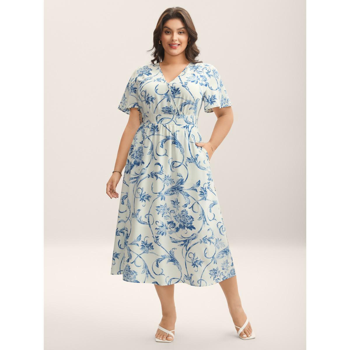 Plus Size Artistic Floral Pattern Surplice Neck Midi Dress Stone Women Overlap Collar Short sleeve Curvy BloomChic 12/L Product Image