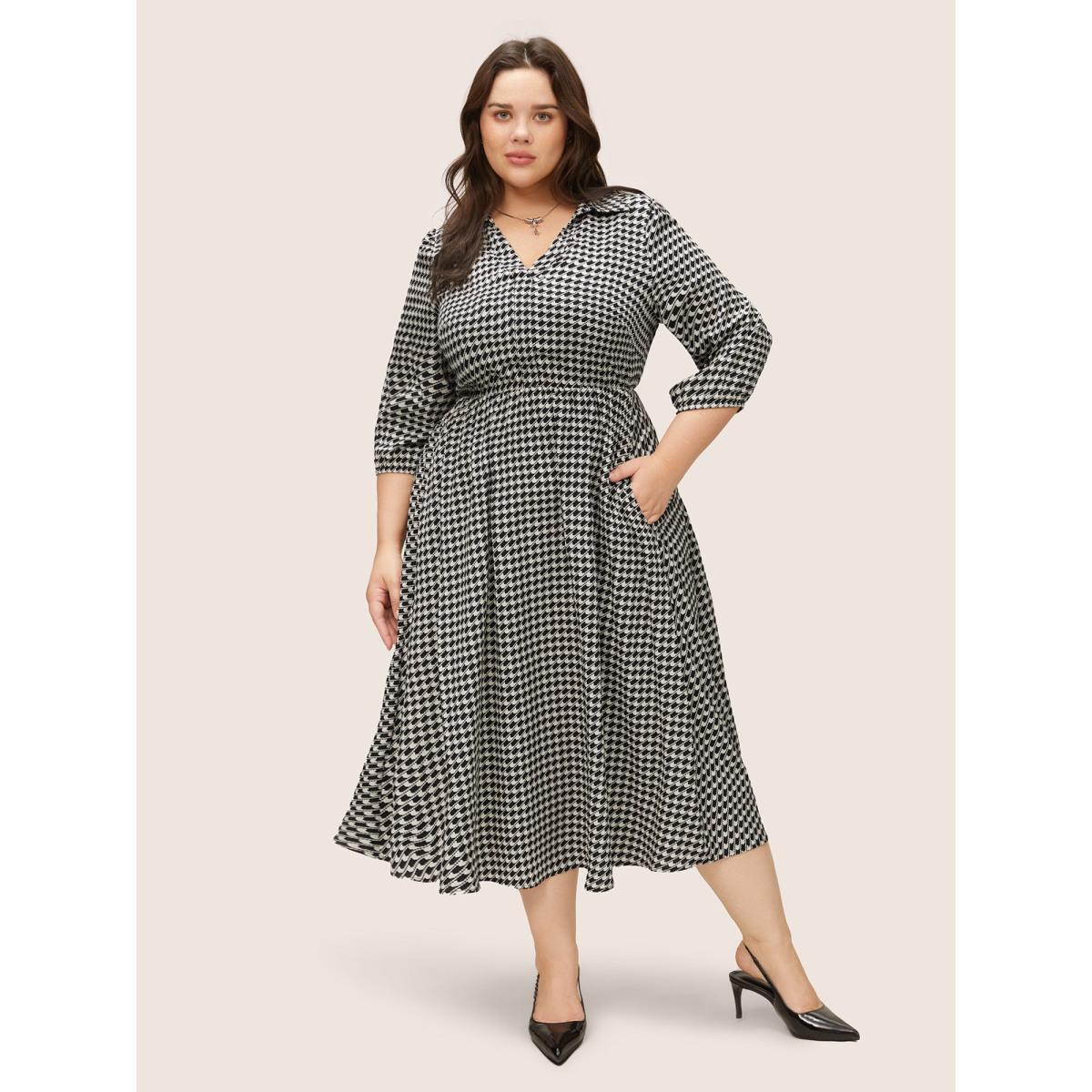 Plus Size Geometric Colorblock Lapel Collar Elastic Waist Dress Black Women At the Office Non Lapel Collar Elbow-length sleeve Curvy Midi Dress BloomChic 18-20/2X Product Image