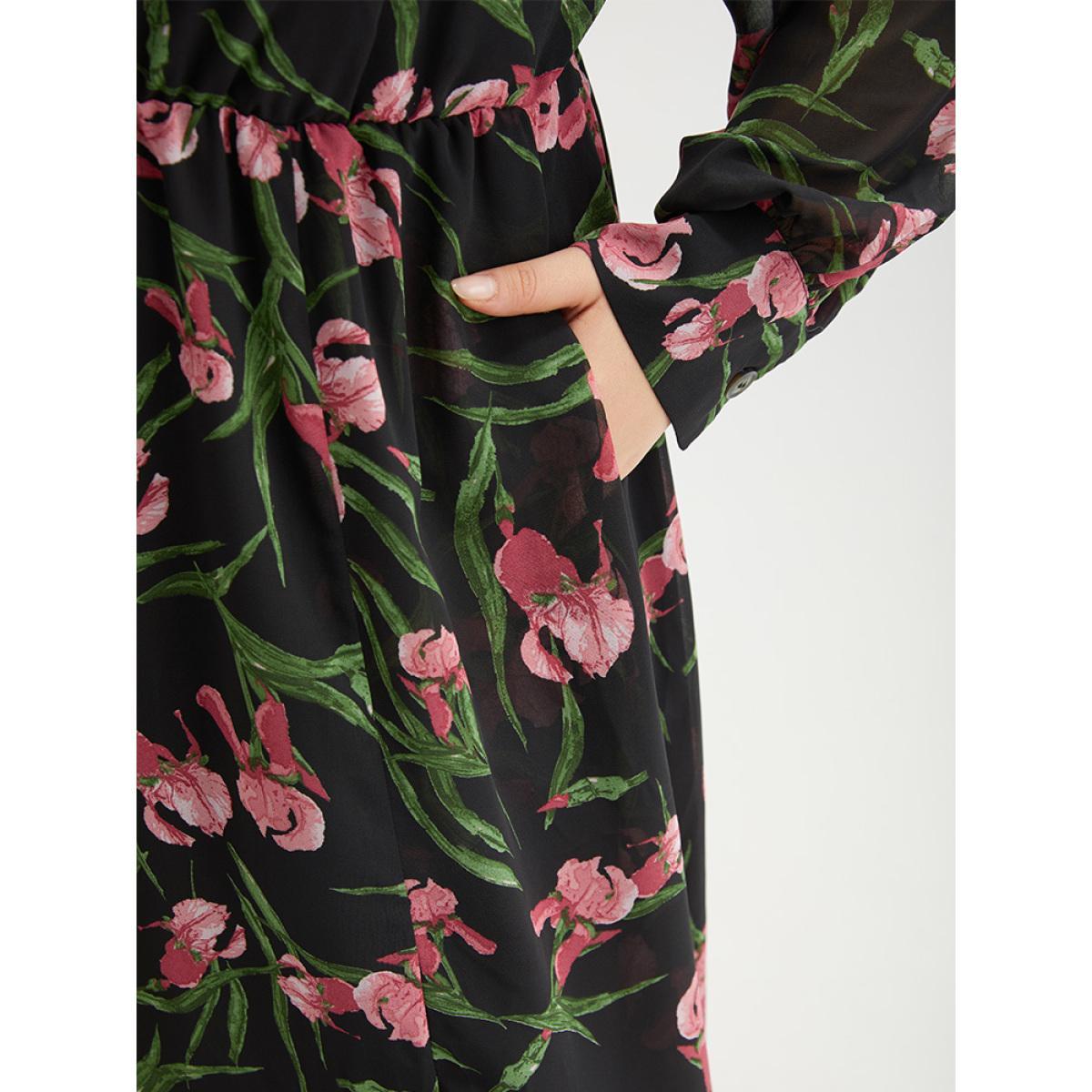 Plus Size Floral Print Chiffon Split Side Elastic Waist Dress Black Women Elegant Printed V-neck Long Sleeve Curvy Midi Dress BloomChic 30/6X Product Image