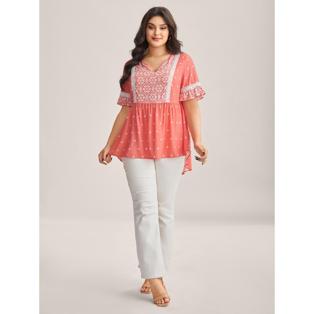 Plus Size OrangeRed Boho Print Lace Babydoll Top Women Half Sleeve Flat collar with V-notch Everyday-Elegant Blouses BloomChic 22-24/3X Product Image
