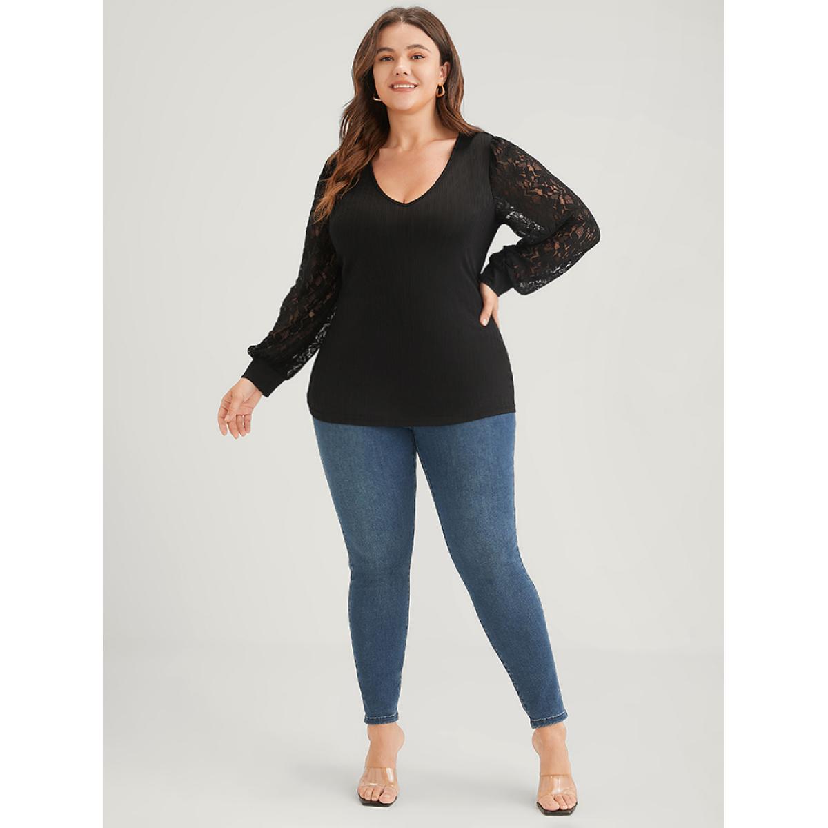 Plus Size Solid Rib Knit Contrast Lace Lantern Sleeve Long Tee Black Women Elegant Plain Plain V-neck Dailywear T-shirts BloomChic 18-20/2X Product Image