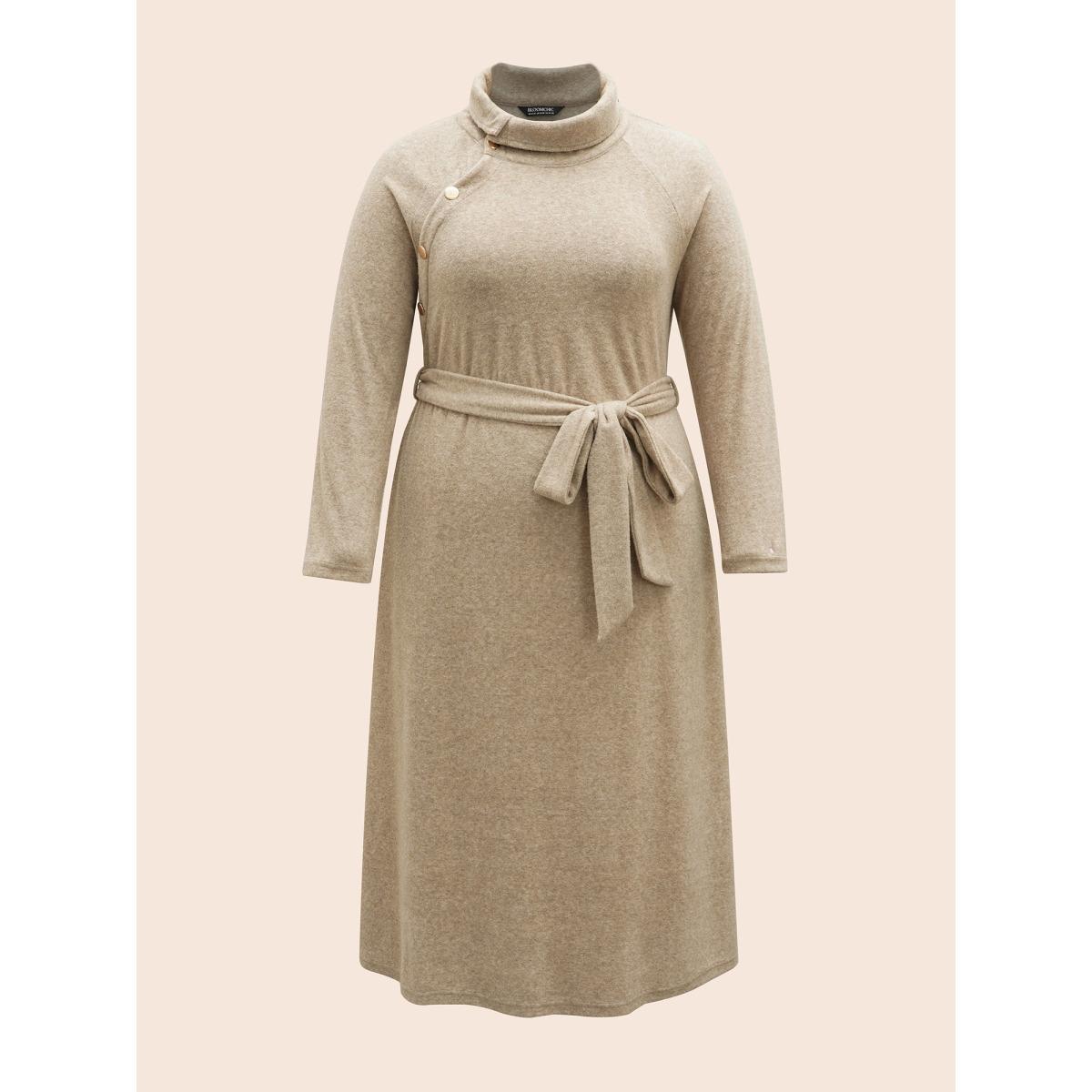 Plus Size Airy Cozy Button Bodice Placket Midi Dress LightBrown Women Casual Belted Knit Dresses Bloomchic 18-20/2X Product Image