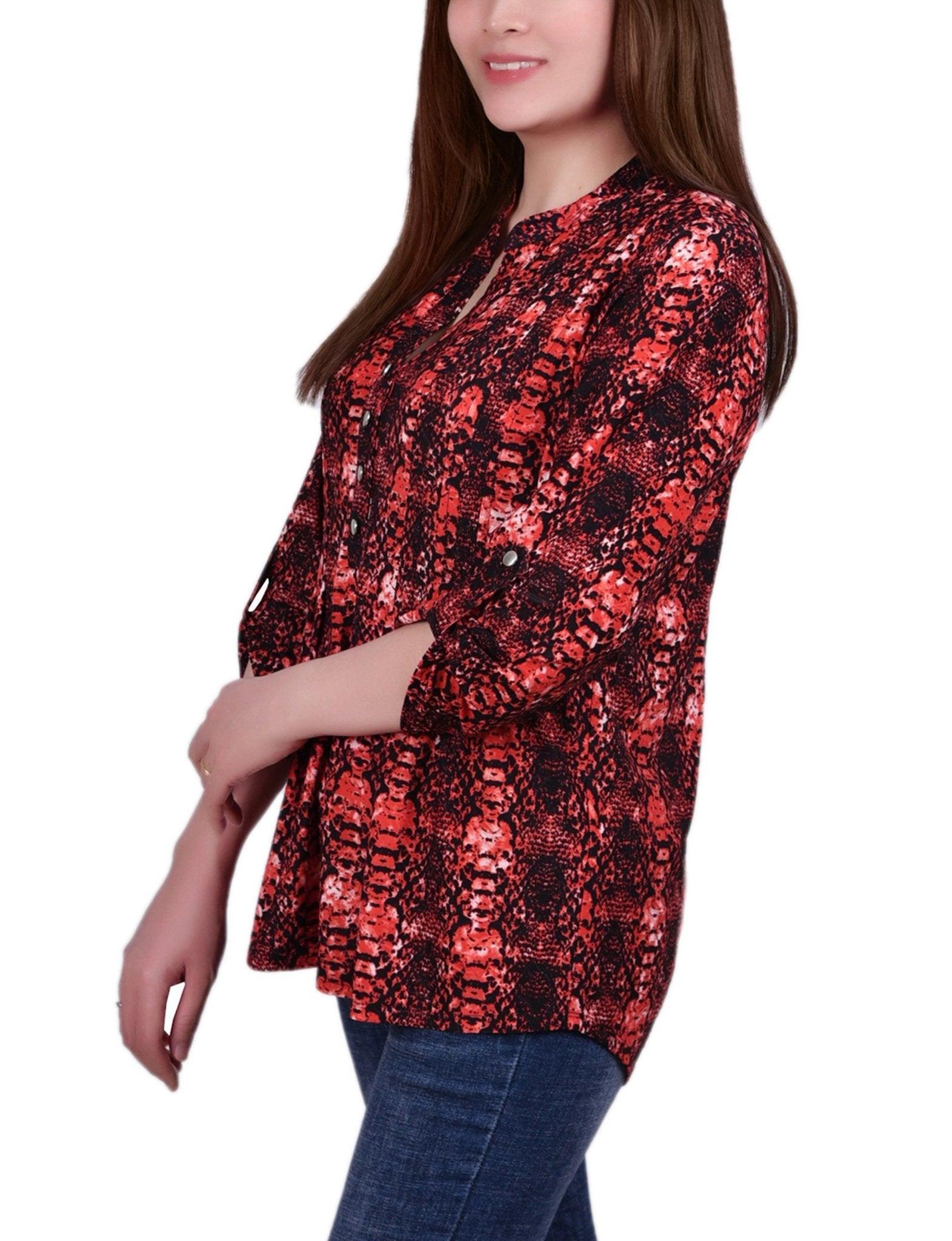 Berry Plaid 3/4 Sleeve Roll Tab Y Neck Top Product Image