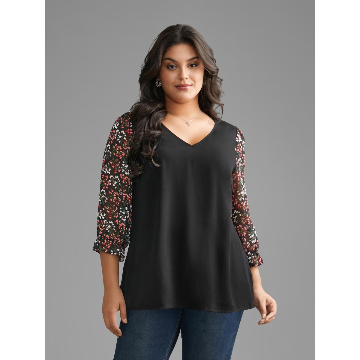 Plus Size Black V Neck Ditsy Floral Patchwork Blouse Women Elegant Elbow-length sleeve V-neck Everyday Blouses BloomChic 28/5X Product Image