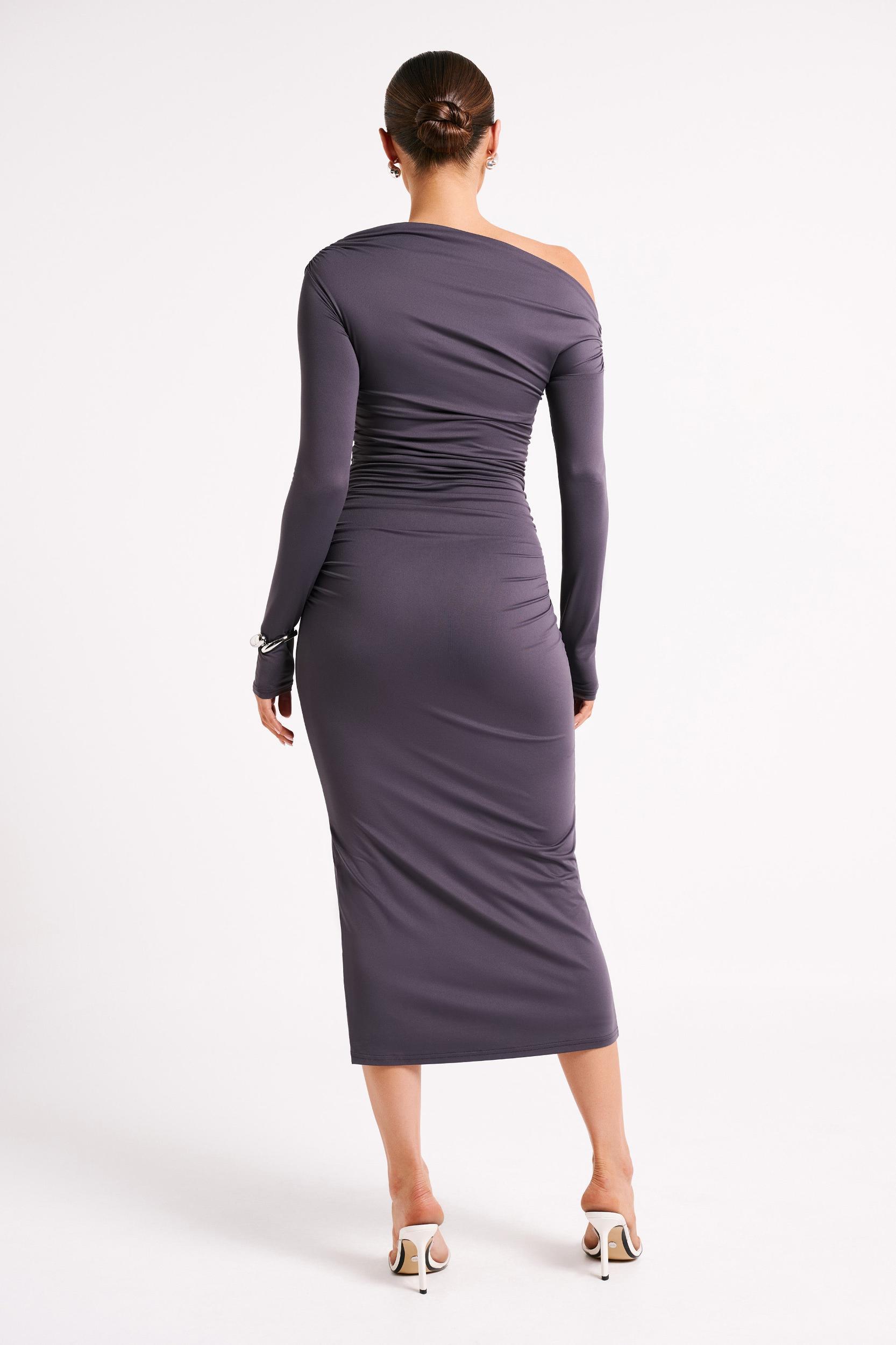 Christabel Recycled Nylon Ruched Midi Dress - Charcoal Product Image