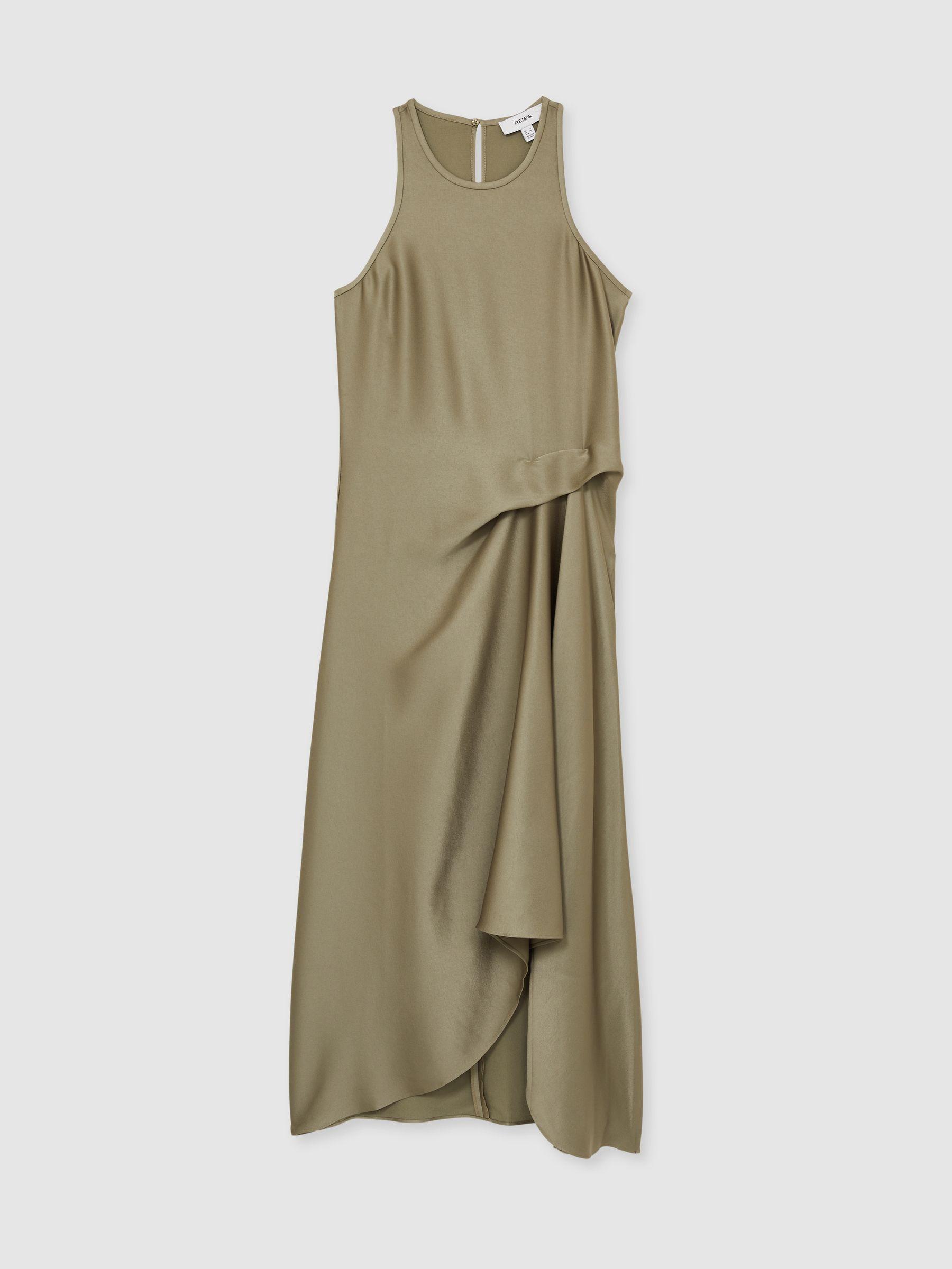 Satin Drape Tuck Midi Dress in Khaki Product Image