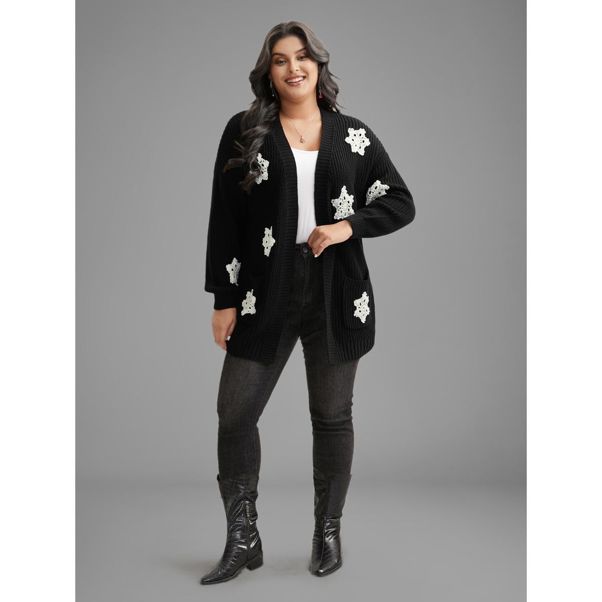 Plus Size Snowflakes Embroidered Open Cardigan Black Women Casual Loose Long Sleeve Everyday Cardigans BloomChic 22-24/3X Product Image