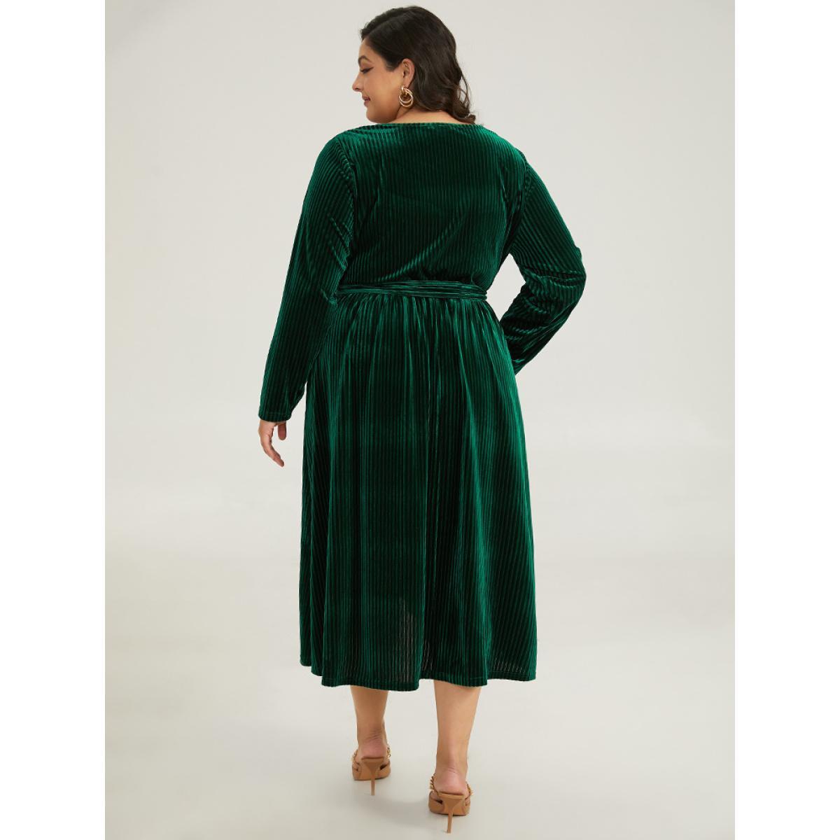 Plus Size Velvet Rib Knit Wrap Hem Pocket Belted Dress DarkGreen Women Elegant Wrap V-neck Long Sleeve Curvy Midi Dress BloomChic 10/M Product Image