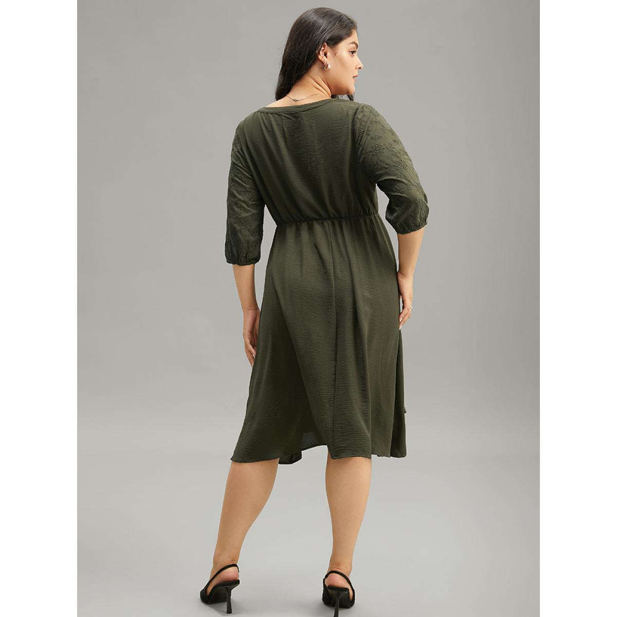 Plus Size Solid Notched Eyelet Patchwork Dress ArmyGreen Women Office Elastic cuffs Notched collar Elbow-length sleeve Curvy Midi Dress BloomChic 14-16/1X Product Image