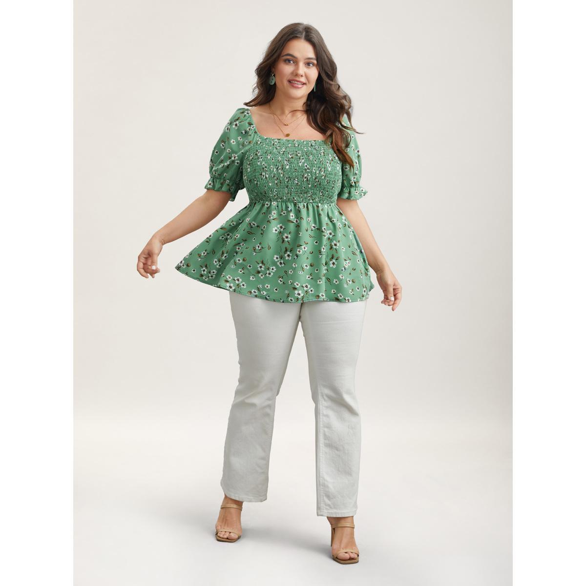 Plus Size Greenbean Floral Print Smocked Stretchy Waist Shirt Women Elegant Short sleeve Square Neck Everyday Blouses BloomChic 30/6X Product Image