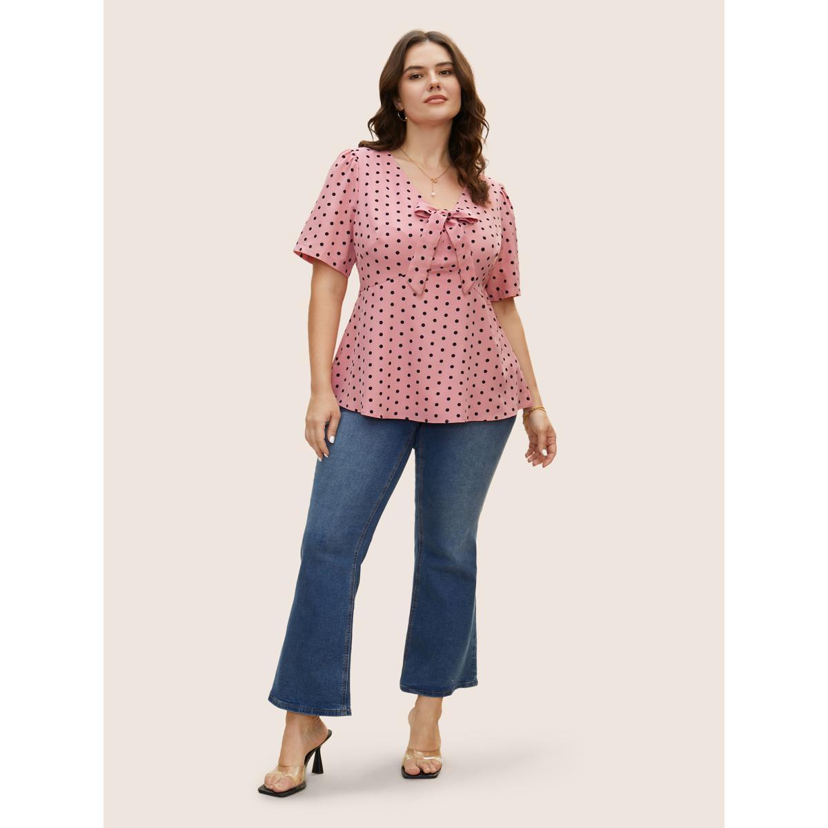 Plus Size Blush Polka Dot Ribbon Tied Collar Blouse Women Casual Short sleeve Ribbon-tied collar Everyday Blouses BloomChic 10/M Product Image