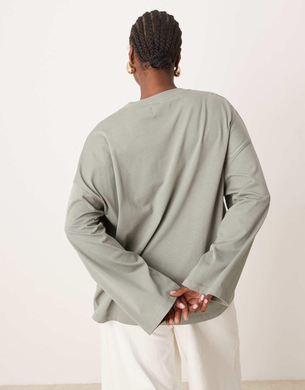 ASOS EDITION Curve premium heavyweight cotton oversized long sleeve t-shirt in olive green Product Image