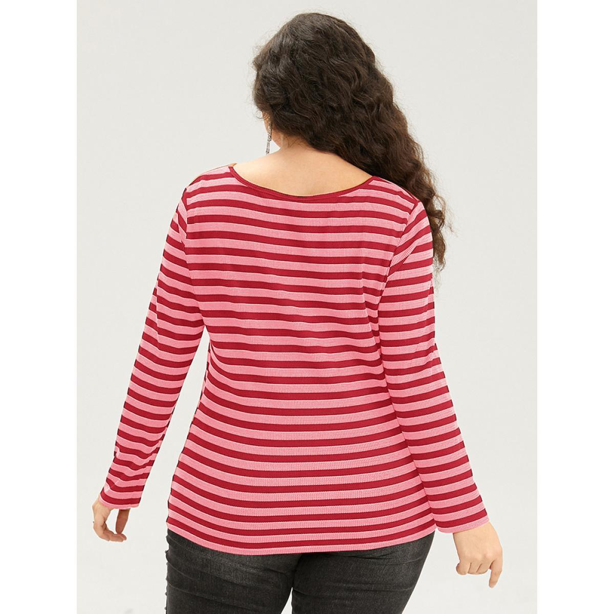 Plus Size Halloween V Neck Contrast Striped T-shirt Red Women Casual Contrast Striped V-neck Festival-Halloween T-shirts BloomChic 14-16/1X Product Image