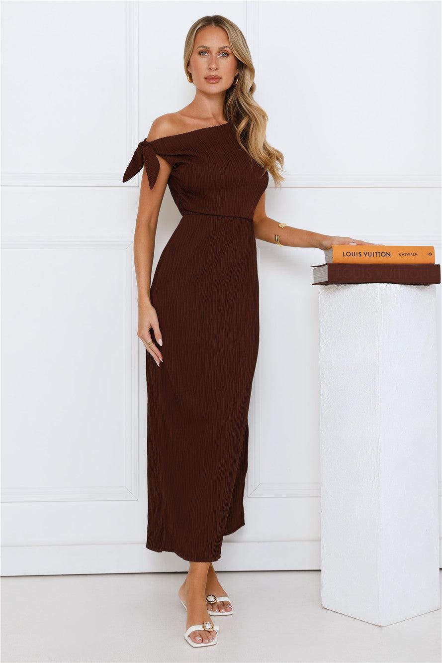 Polished Energy Off Shoulder Maxi Dress Brown Product Image